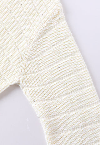White knit pullover sleeve close-up showing ribbed cuff and fine sequins