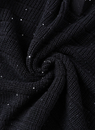 Black textured knit close-up with sequins and ribbed weave detail
