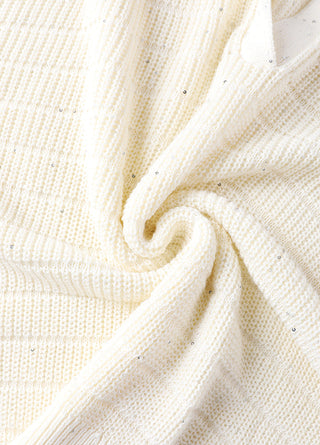 White textured knit fabric close-up with fine sequins and subtle stripe texture
