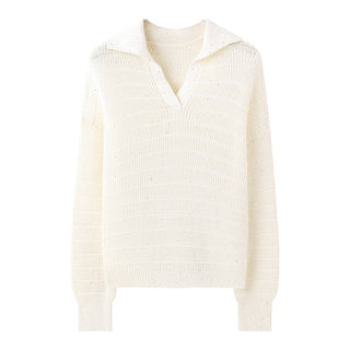Folded white textured cotton knit pullover with V-neck and fine sequins, long sleeves