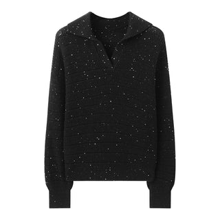 Black sequin pullover sweater with collared V-neck front and ribbed hem