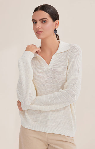 White textured knit pullover with V-neck and fine sequins; long sleeves