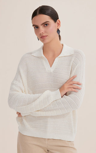 White textured cotton knit pullover with V-neck and fine sequins, long sleeves