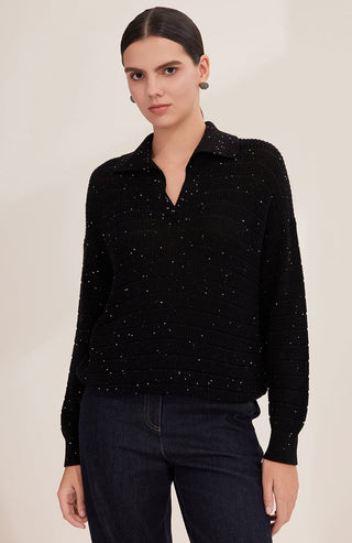 Black textured cotton knit pullover, V-neck with collar, long sleeves