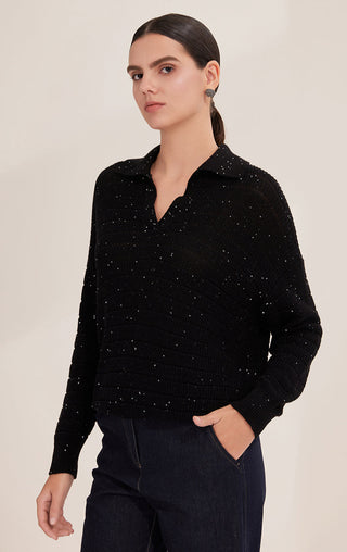 Black sequin knit pullover with rib texture and collared V-neck