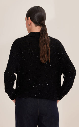 Black sequin cotton knit pullover, back view with rib stripes and crew neckline