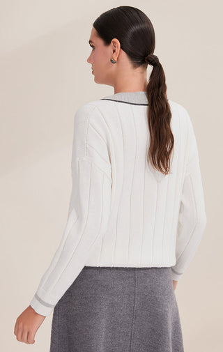 White cotton V-neck sweater back view with contrast neck trim and vertical knit stripes