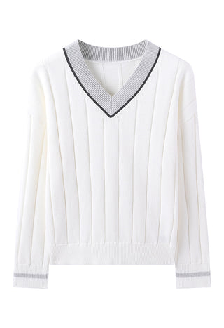 White women’s V-neck cotton sweater flat lay: contrast trim, long sleeves, knit stripes