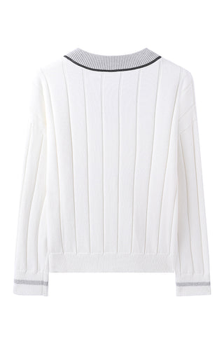White cotton V-neck sweater flat lay, back view with contrast neck trim and knit stripes