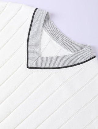 Close-up: white sweater neckline and contrast-trim ribbing over fine knit stripe texture