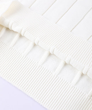Close-up of white cotton sweater knit texture with ribbed pattern and soft rib trim