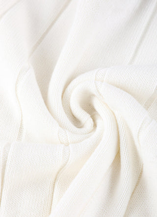 White cotton V-neck sweater knit close-up with ribbed trim and textured pattern