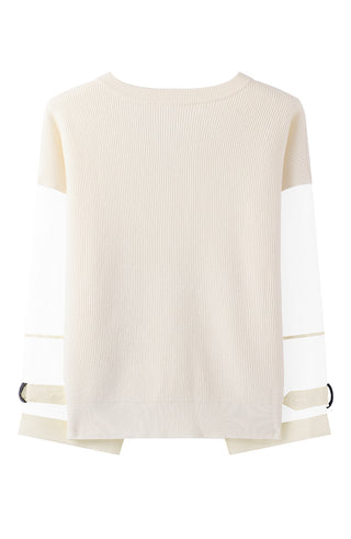White knit top back, ribbed body with sheer organza sleeve inserts