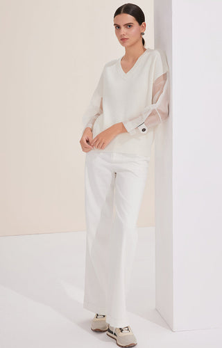 White wool V-neck knit top with sheer organza sleeves, layered floating look
