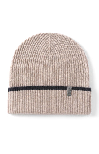 Camel ribbed cashmere beanie with black stripe cuff and small tab.