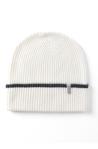 White ribbed cashmere beanie with black stripe cuff and small metal tab.