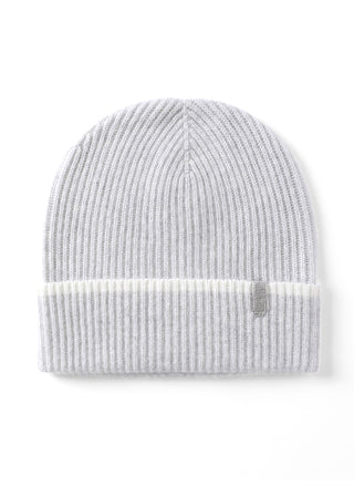 Light grey ribbed cashmere beanie with ribbed cuff and subtle stripe detail.