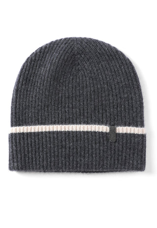Dark grey ribbed cashmere beanie with light stripe cuff and small tab.
