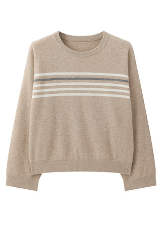Camel cashmere knit sweater with horizontal stripe band, crew neck, ribbed cuffs.