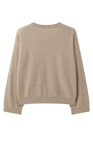 Camel cashmere knit sweater, crew neck, long sleeves, ribbed hem and cuffs.