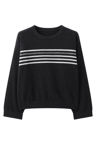 Dark grey cashmere knit sweater with horizontal stripe band, crew neck, ribbed cuffs.