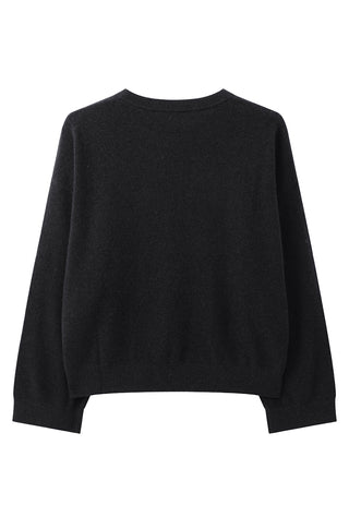 Dark grey cashmere knit sweater, crew neck, long sleeves, ribbed hem and cuffs.