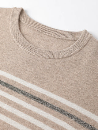 Camel cashmere knit sweater with crew neckline and horizontal stripe detail