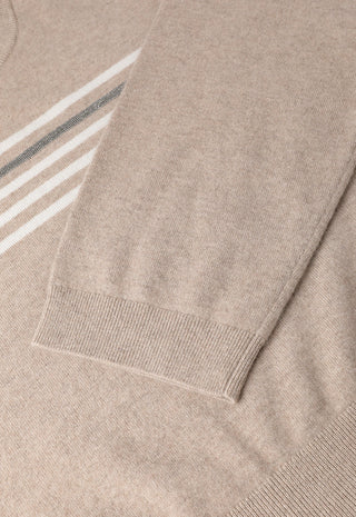 Camel cashmere knit sweater sleeve with stripe band and ribbed cuff.