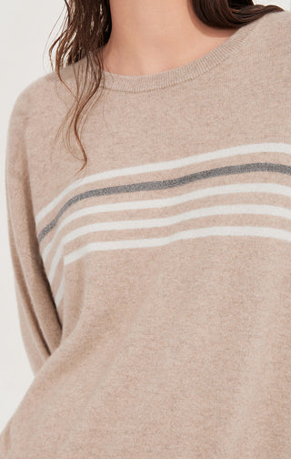 Camel cashmere-knit sweater close-up with horizontal stripe band and crew neckline