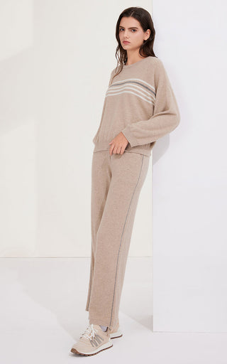 Camel cashmere-knit sweater with chest stripe band and relaxed fit, long sleeves