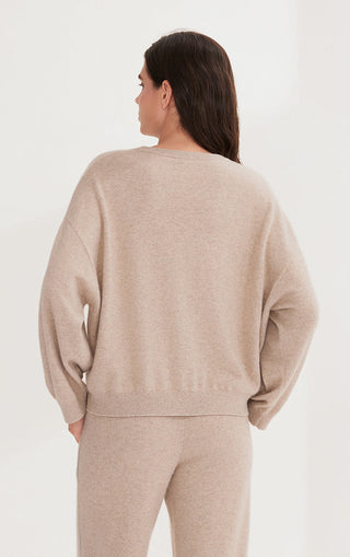 Camel cashmere-knit sweater, back view; crew neck and long sleeves with ribbed hem