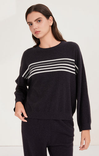 Dark gray cashmere-knit sweater with crew neck, long sleeves, and striped yoke detail