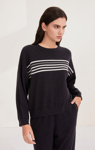 Dark gray cashmere-knit sweater with crew neck and horizontal stripe band across chest