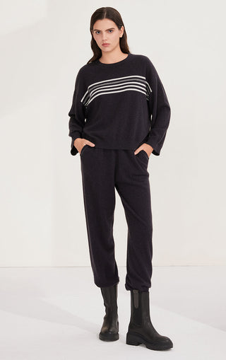 Dark gray cashmere-knit sweater with crew neck and horizontal stripe design; long sleeves