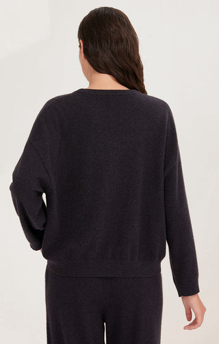 Dark gray cashmere-knit sweater, back view; crew neck and long sleeves