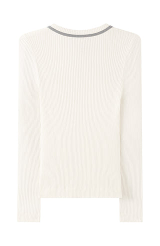 Ribbed ivory wool V-neck sweater back with gray trim detail at neck