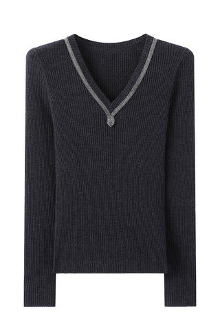 Ribbed dark wool V-neck sweater with gray trim and beaded pendant