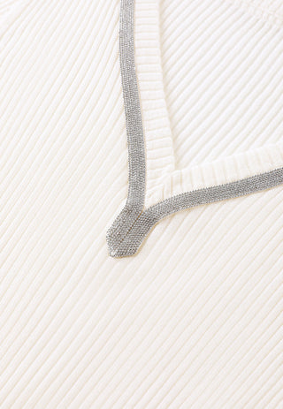 Ivory V-neck sweater with gray knit trim at collar edge