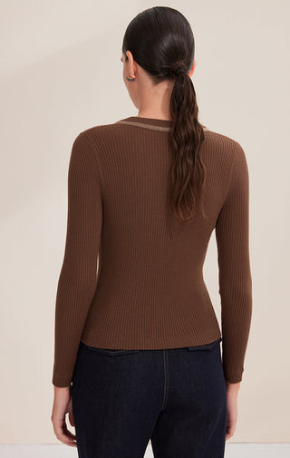 Brown ribbed wool V-neck sweater, back view with long sleeves and fitted shape