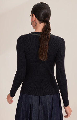 Black ribbed wool V-neck sweater, back view with long sleeves