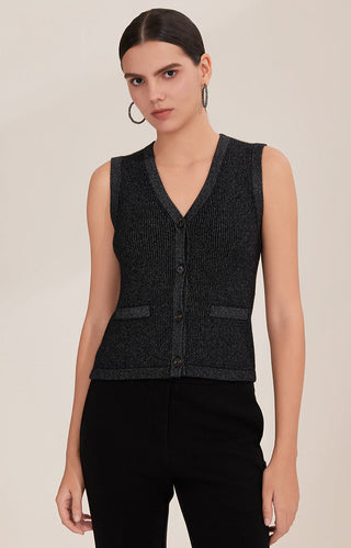 Black cashmere knit V-neck button-front vest with patch pockets