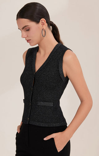 Black cashmere knit V-neck buttoned vest with patch pockets, angled view