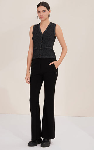 Black V-neck button-front cashmere vest, patch pocket detail