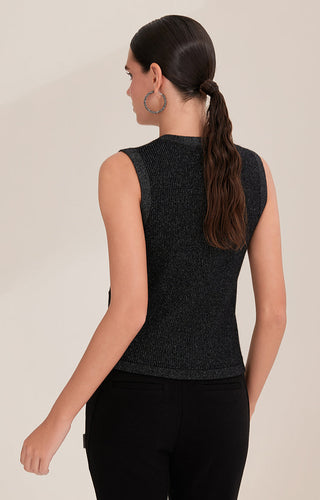 Black sleeveless cashmere vest, V-neck button placket, side view