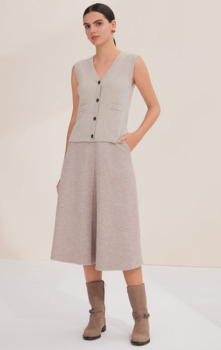 Camel sleeveless V-neck button-front cashmere vest, full outfit view