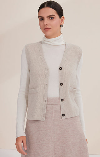 Camel cashmere knit V-neck button vest with chest pockets