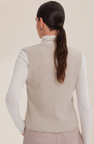 Camel knit cashmere vest, back view with ribbed texture