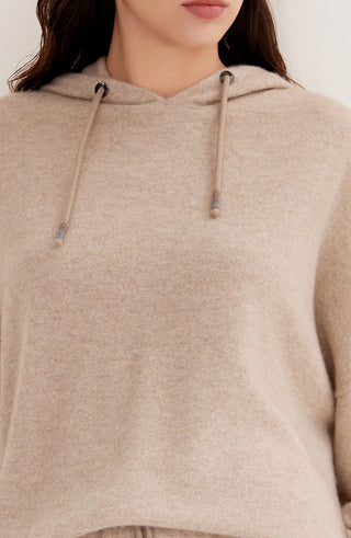 Camel cashmere knit hood with drawstring cords and metal-tipped eyelets