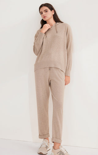 Camel cashmere knit set: hooded pullover with drawstrings and matching jogger pants