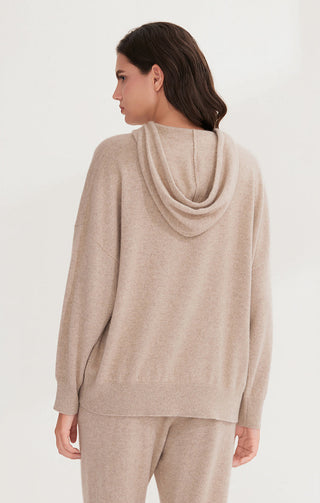 Camel cashmere hooded pullover from back view with draped cowl hood